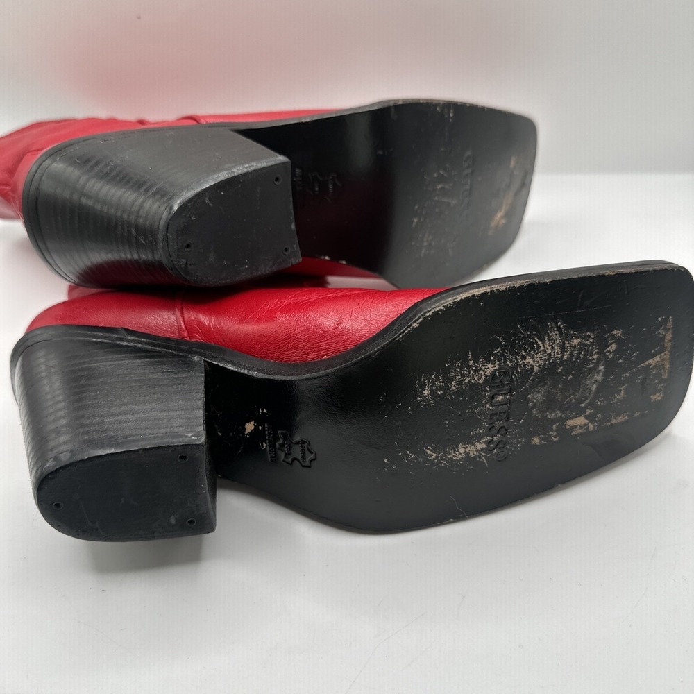Guess Vintage Bright Red Leather Western Square Toe Block Heels Sz 39 RARE - Picture 6 of 13